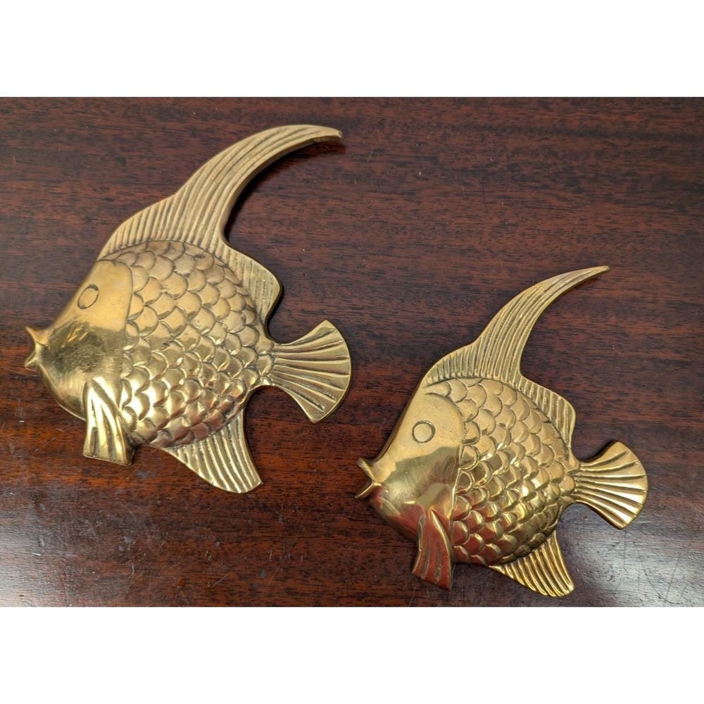Vintage Brass Tropical Fish Wall Hanging Set of 2 Mid Century Coastal Nautical